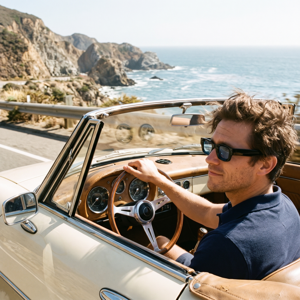Man driving a vintage convertible wearing Kelvin sunglasses