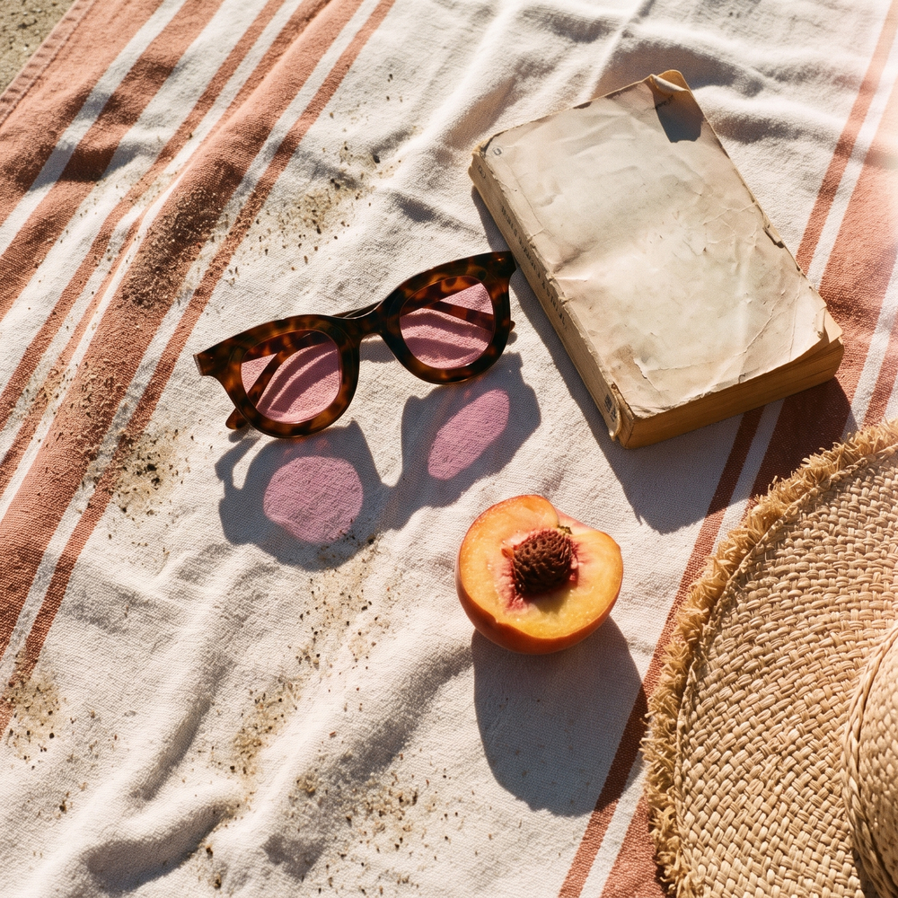 Kelvin sunglasses on a beach towel with a book and a peach