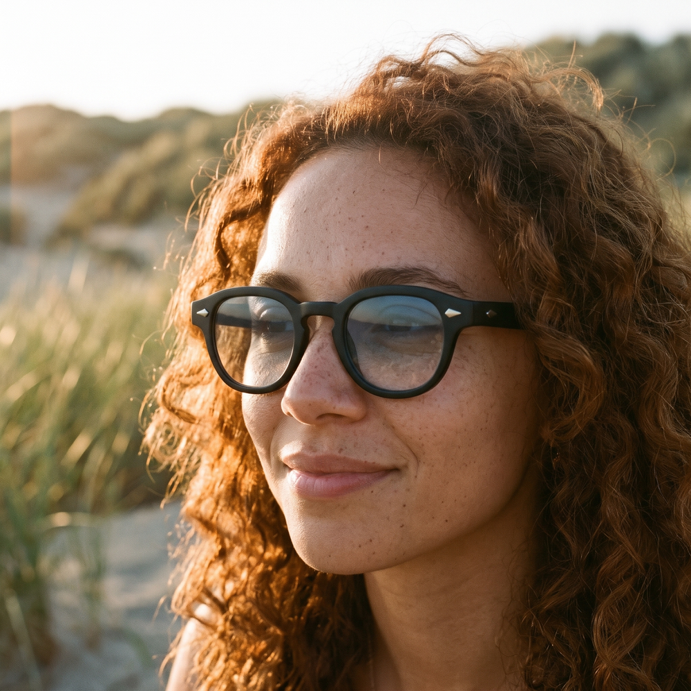 Woman in round Kelvin sunglasses at golden hour