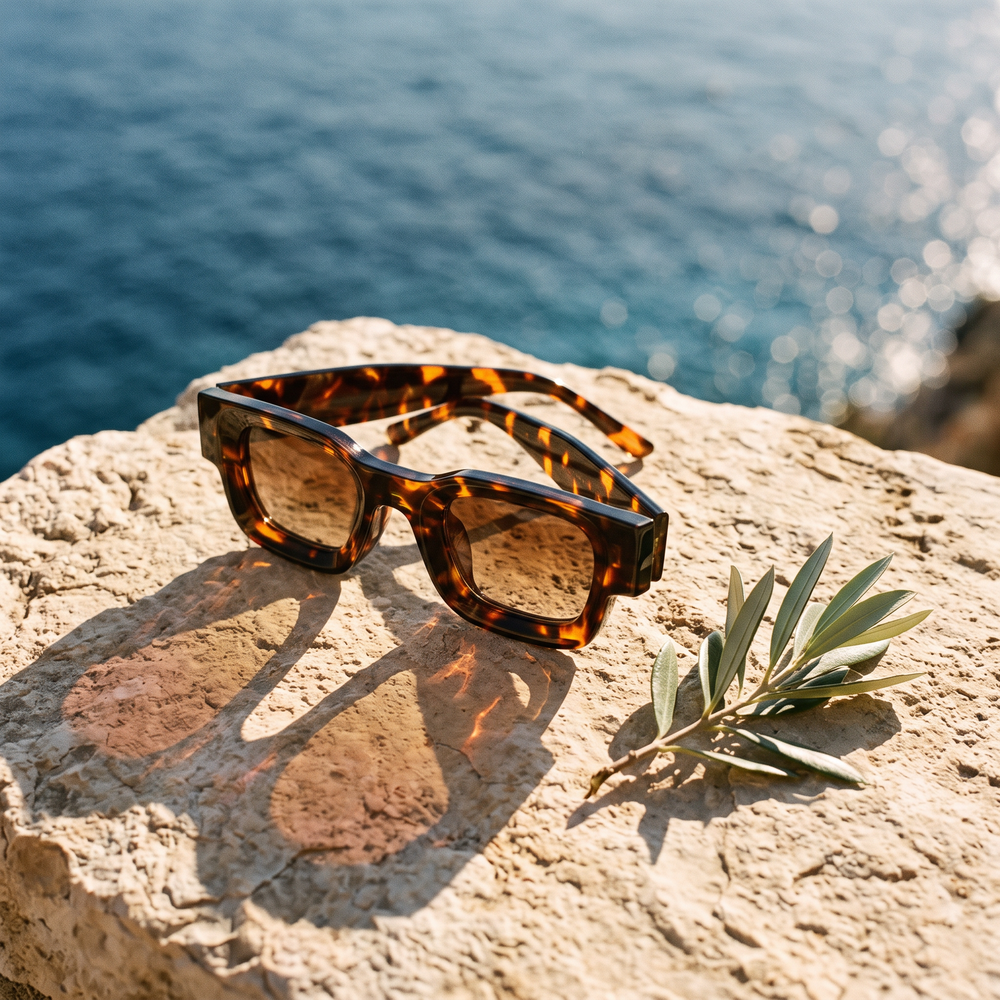 Kelvin tortoise sunglasses on a limestone ledge by the sea